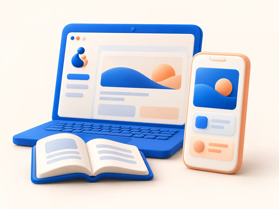 Original blue-and-peach clay illustration of a laptop, smartphone and open digital book